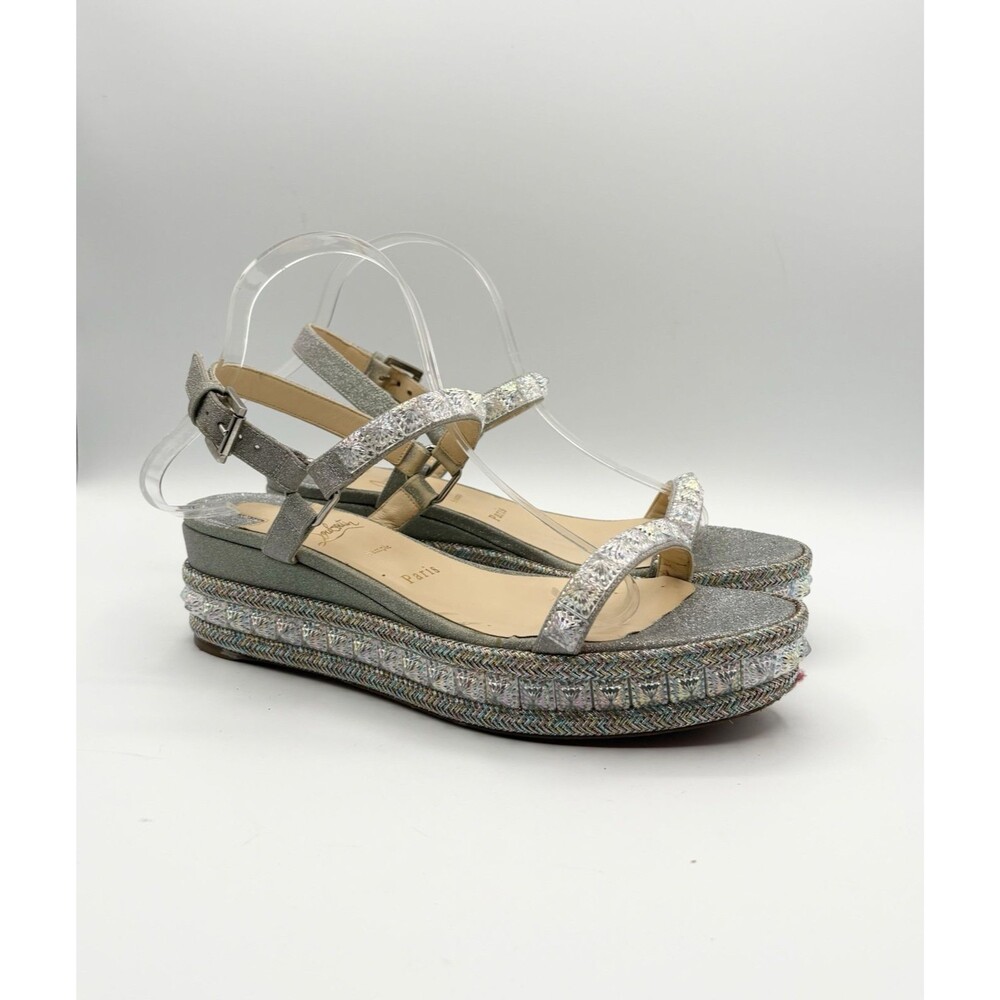 Christian Louboutin Cataclou 60 Silver Glitter Platform Sandals Wedges Sz EU 39 - Picture 3 of 13